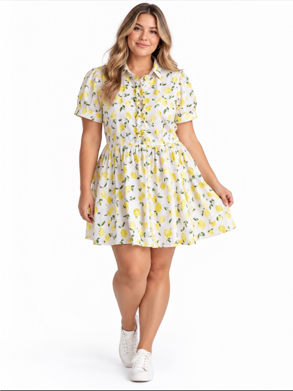 eShakti Lemon Print Dress Woman 2X Pockets Button Front Fit & Flare Cottagecore